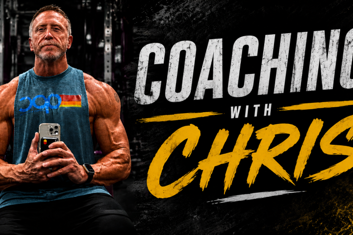 Muscular man in gym holding phone; text reads 'Coaching with Chris'.